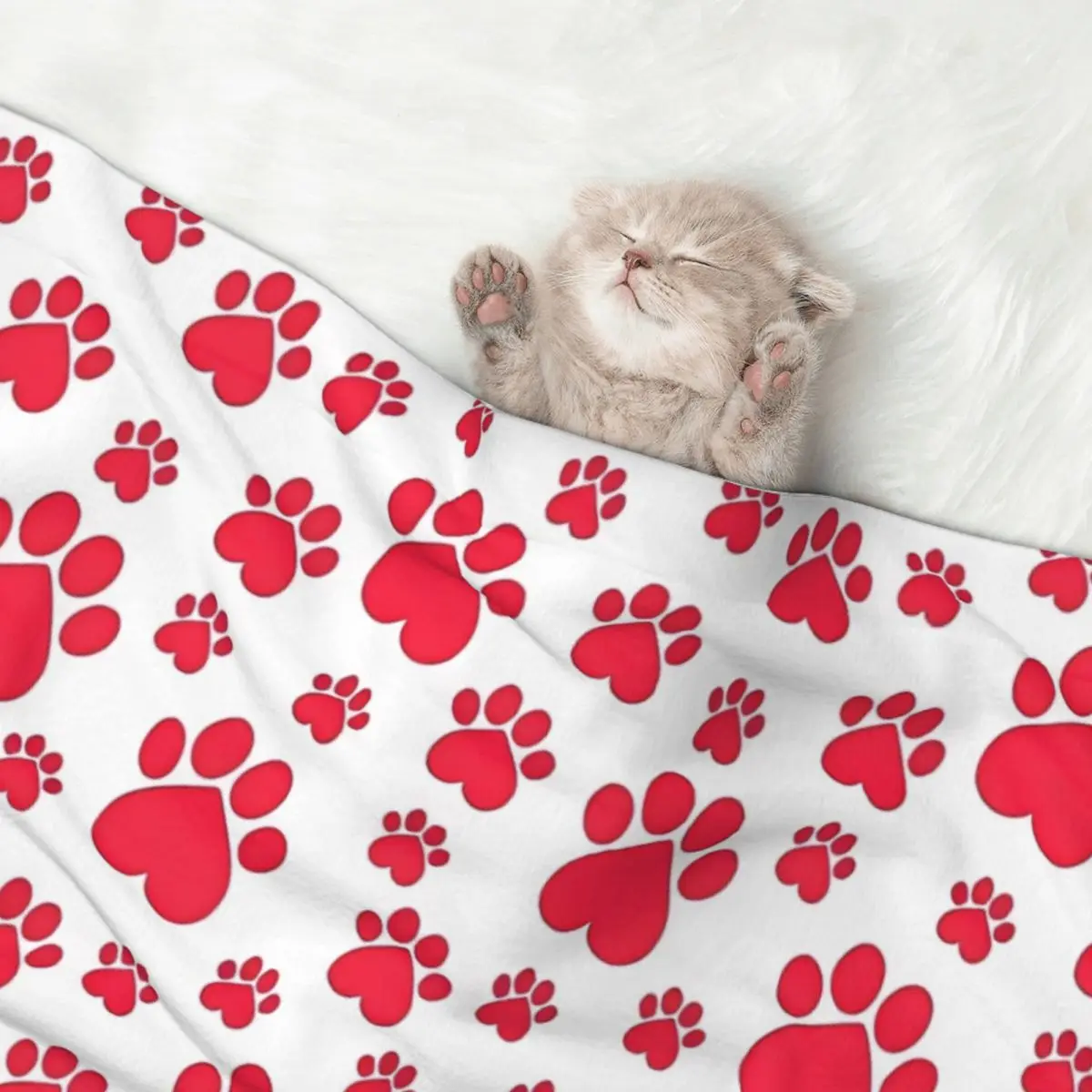 Dog Bed Mat Blanket Soft Fluffy Pet Blanket Bright Red On White Paw Pattern - Heart Paws Pet Travel Mat Warm Blanket Cat Dog