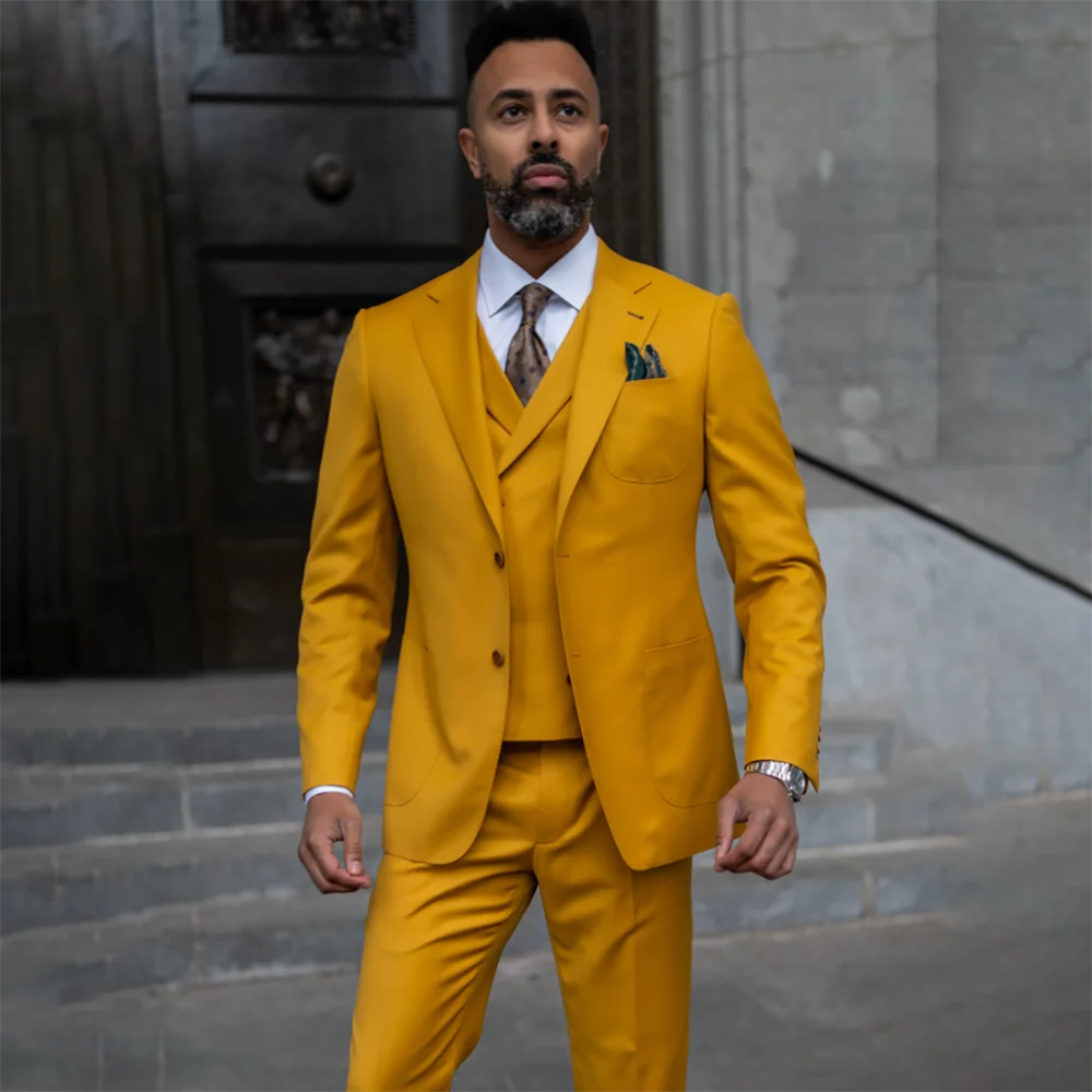 Traje de 3 Piezas Color Amarillo Mostaza para Hombre, Elegante, Cuello Solapa con Muescas, Chaqueta + Chaleco + Pantalones, para Boda, Fiesta, Negocios, Eventos Formales
