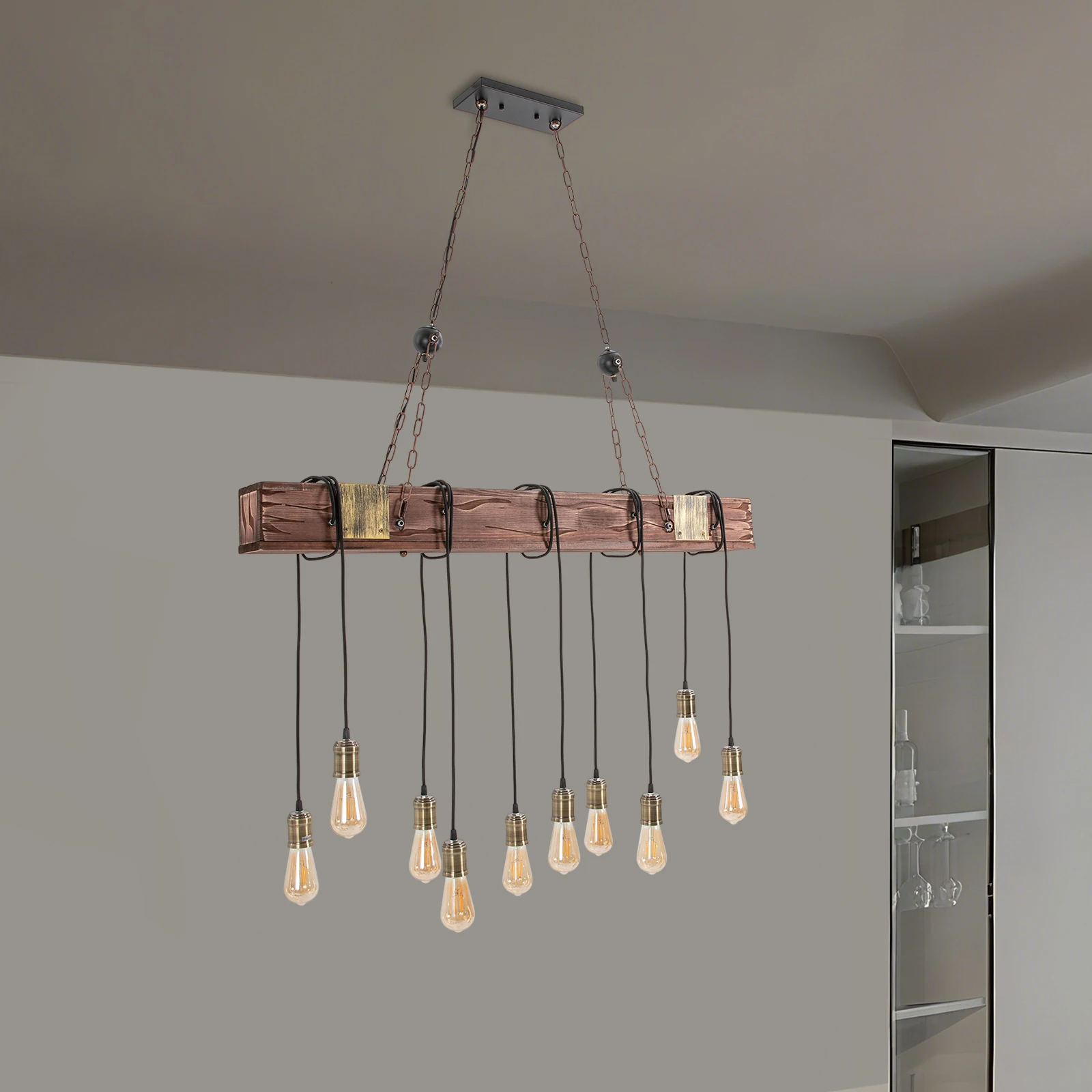10-Light Industrial Rustic Wood Pendant Light Chandelier Lighting Hanging Ceiling Fixture Vintage Farmhouse Lighting Adjustable Chain for Kitchen, Hallway, Foyer