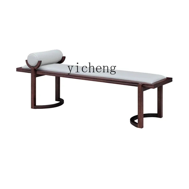modern new Chinese-style all-solid wood leather long sofa stool, shoe change stool, bedside pedal living room decoration