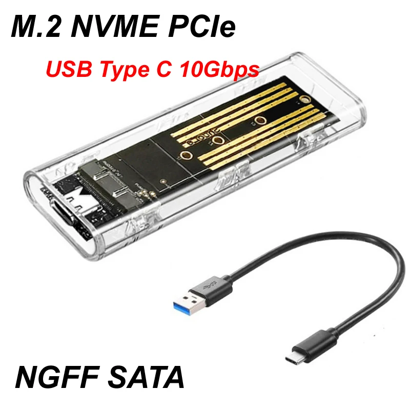 M.2 NVME PCIe/NGFF SATA SSD Case Transparent External Enclosure USB Type C 3.1 10Gbps M2 B+M Key/M Key For 4TB SSD Hard Disk Box