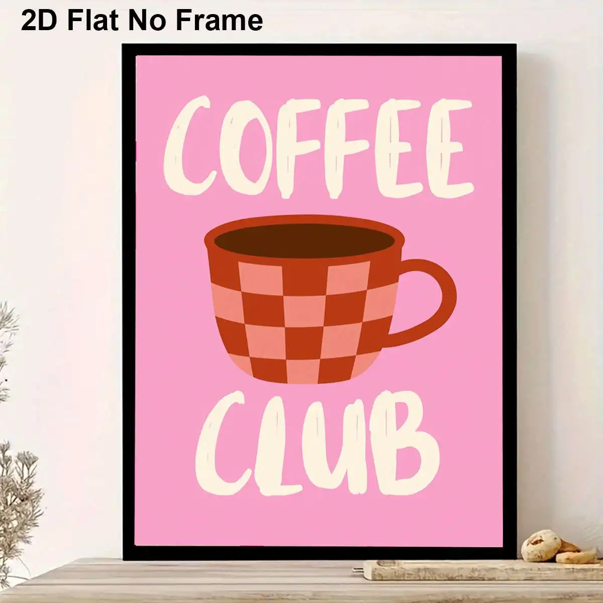 2D Flat, 2D Flat, A 2D Flat, Single Piece Frameless Canvas Painting Showcasing a Checkered Coffee Cup with The Words COFFEE C