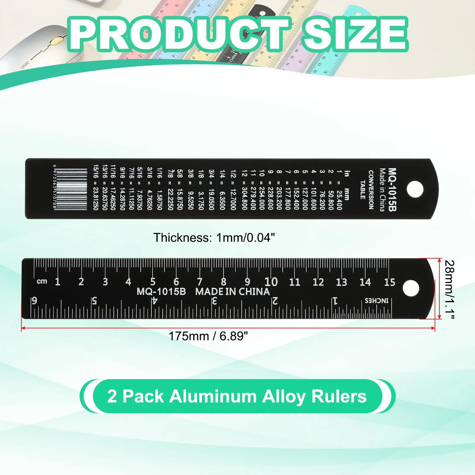 2Pcs 15/20cm Metal Ruler Aluminum Alloy Rulers with Centimeters Millimeters Inches and Conversion Table Straight Edge Ruler