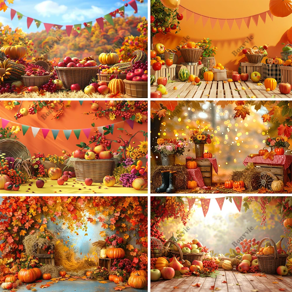

Bonvvie Autumn Forest Backdrop Fall Farm Barn Pumpkin Thanksgiving Harvest Season Maple Baby Portrait Photography Background