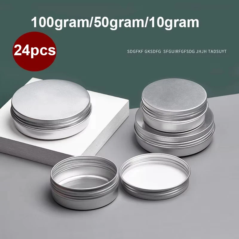 24pcs Empty Refillable Bottles 100ml/50ml Aluminum Round Tin Cans Box Silver Cream Jar Pot Case Thread Lid Lip Balm Container