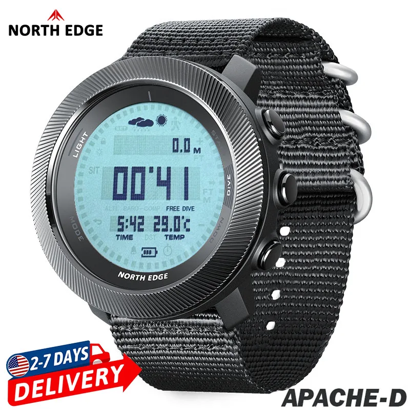 NORTH EDG APACHE-D Men's Digital Free Dive Watch Outdoor Sport Watches Carbon Fiber Case Altitude Barometer Compass World Time Waterproof 100M