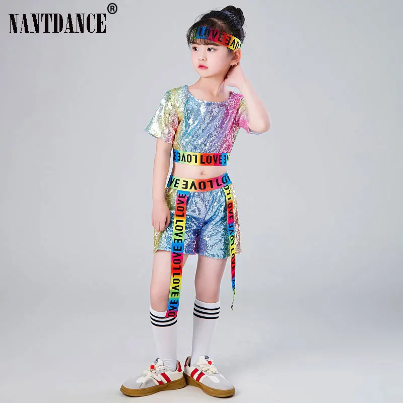 Mädchen Hip-Hop Jazz Dance Kostüm Straße Moderne Ballsaal Dancewear Kinder Kind Tanzen Kleidung Set Pailletten Crop Top mit Shorts