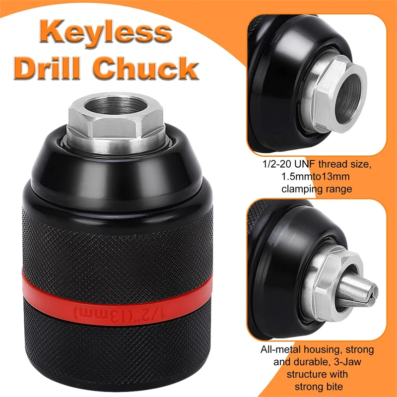New 13mm Threaded Keyless Metal Drill Chuck, Hex Shank/SDS/Square Quick Grip Adapter, Chuck for Drill Bit Screwdriver Tap&Socket