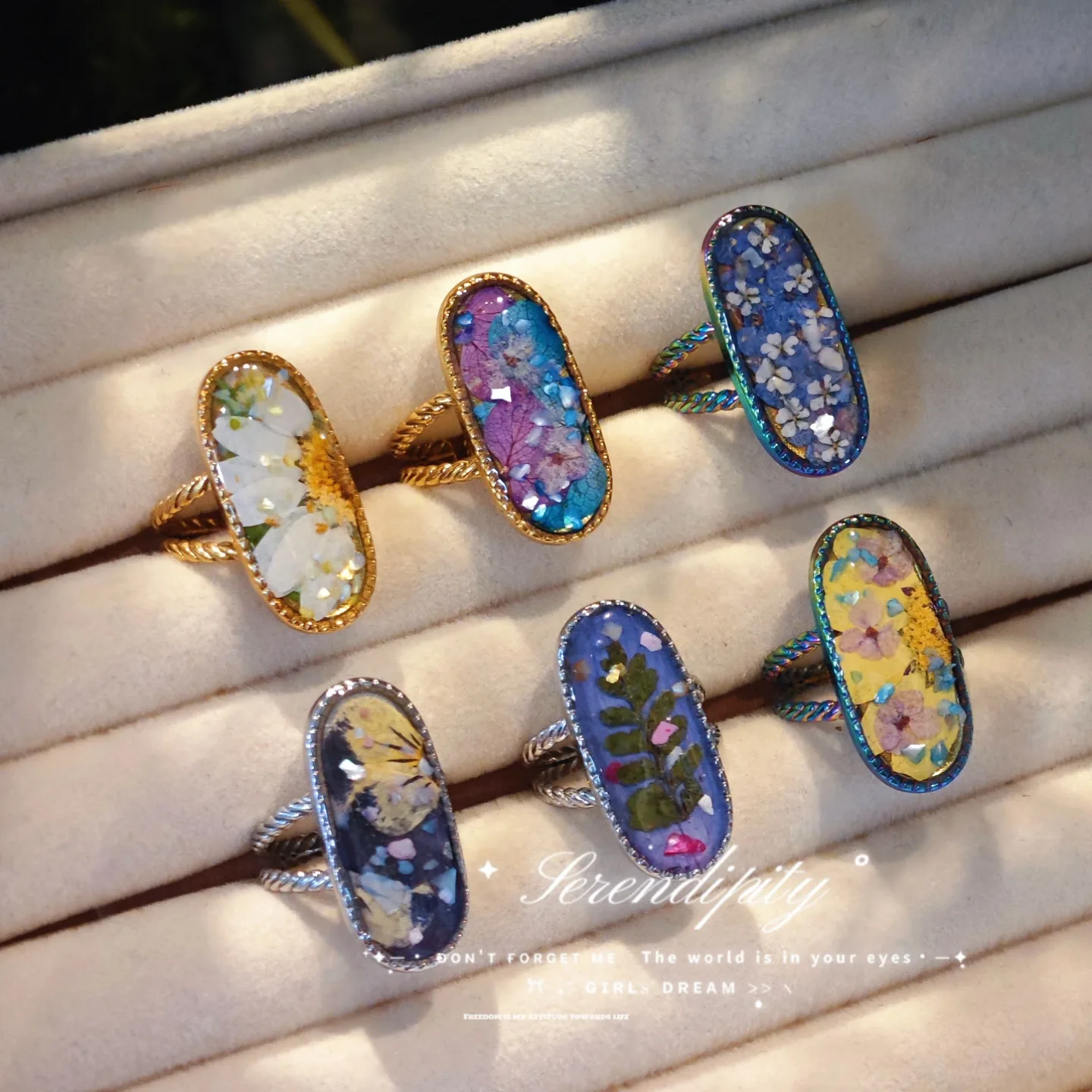 3345 Wholesale Handmade Shell Fragmented Flower Oil Painting Style Dried Real Flower Stainless Steel Open Ring Christmas Gift
