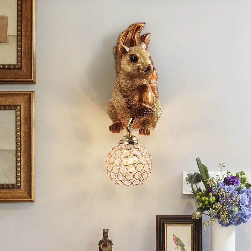 

SANDYHA Nordic Vintage Squirrel Wall Lamp LED Light for Hallway Room Decor Resin Cute Animal Night Light Home Maison Decor