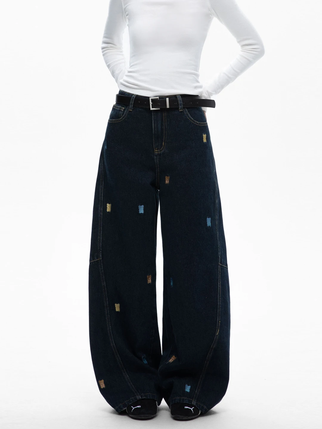 

Casual Cartoon Bear Embroidered Wide Leg Jeans Loose Fit Straight Leg Pants Machine Washable Natural Waist Cotton Blend