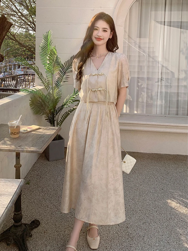 LANMREM Chinese Style Two-piece Set For Women V-neck Rivet Design Tops With Fashion Skirt 2024 Summer New Clothing 2Z1957