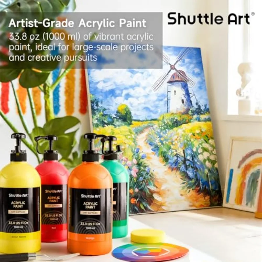 15 Colors Acrylic Paint Set, 33.8oz/1000ml Large Capacity Pump Bottles, Rich Pigments, High Coverage Paint, Fast Drying, Non-To