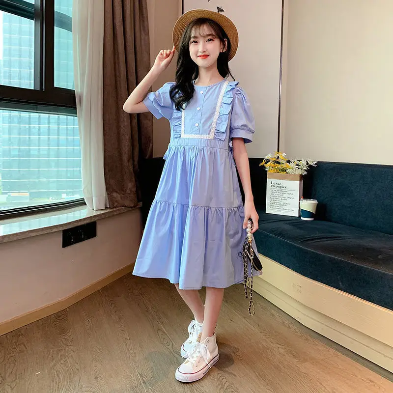 

New Baby Solid Color Casual Dresses Girls Round Neck Short-Sleeved Long Dress Summer Thin Children's Fashion Simple Frock 4-14Y