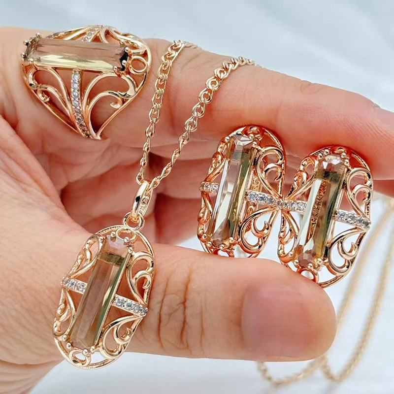 Kinel الساخن البيضاوي البني الطبيعي الزركون خاتم أقراط قلادة للنساء موضة 585 ارتفع الذهب اللون خمر مجموعات مجوهرات الزفاف