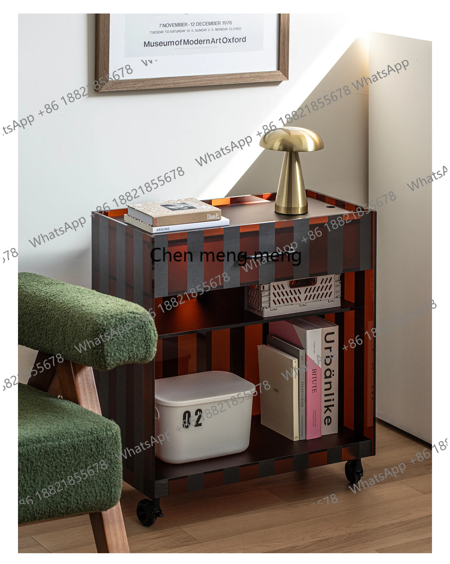 Gray square acrylic living room mobile small side cabinet striped cart rack sofa side snack storage rack