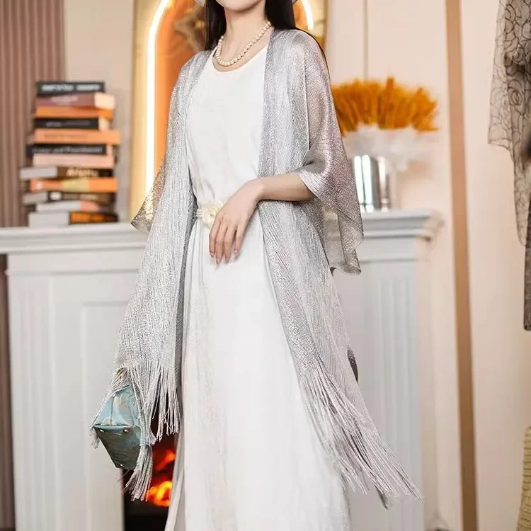 

120*160cm Silk Fringe Shawl Women's Evening Dress Cover Up Sheer Embroidered Lace Shawl Wrap for Wedding Party