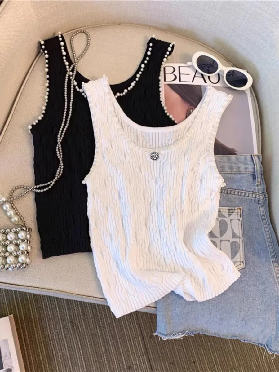 Female 2024 New Beading Lingge Small Fragrant Knitted Tank Top Outwear Strap Camisole Instagram Fashion Top