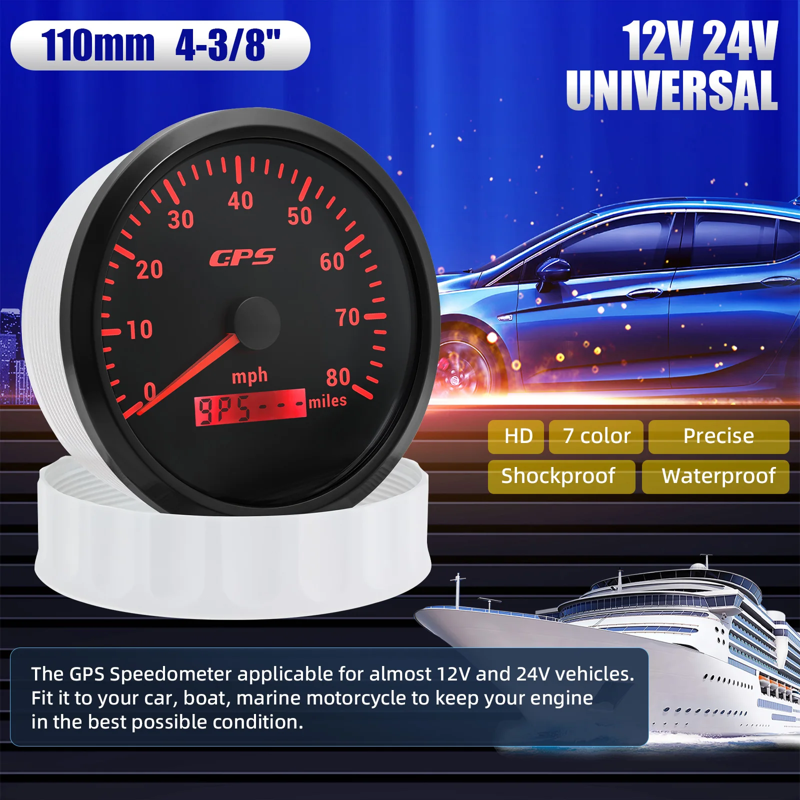 IP67 Waterproof Car Speedometer 110mm GPS Speedometer 80MPH Digital Odometer Speed Meter for Boat Motorycycle Universal 12V 24V