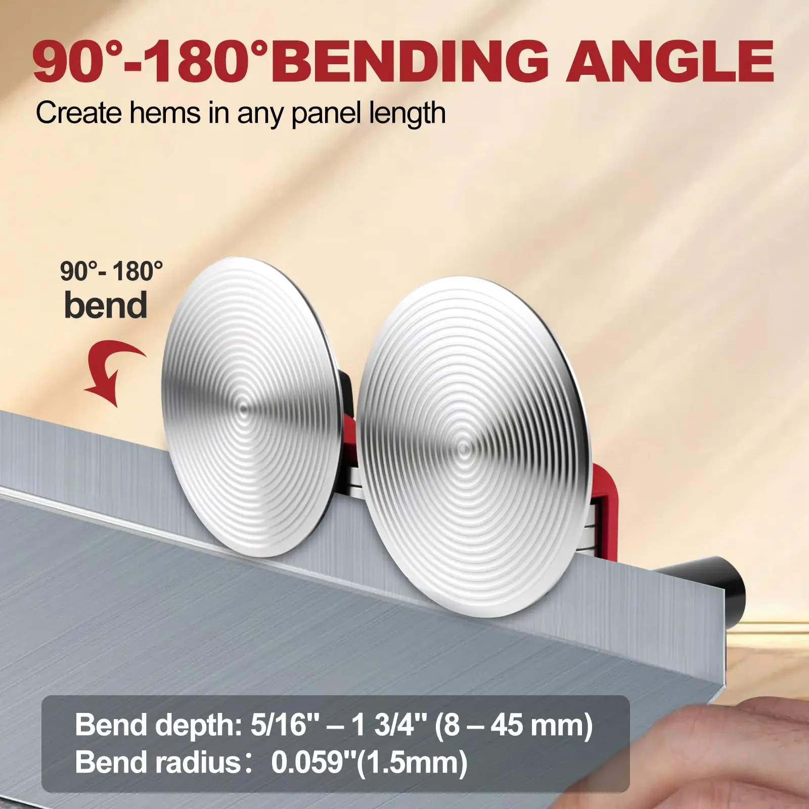 2-Station Metal Disc Bender, 5/16 Inch to 1-1/8 Inch Bending Depth, 90 to 180 Bend for Continuous Hems