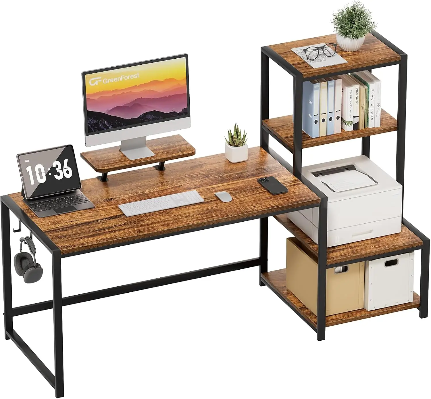 

58' Computer Desk with Printer Shelf, Reversible Monitor Stand & Hooks, Brown Home Office Workstation