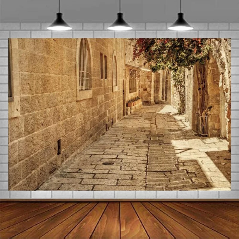 Jerusalem Old Narrow Street Photography Backdrop Old Jerusalem Stone Spring Flowers Sunshine Background For Ancient Stone Wall