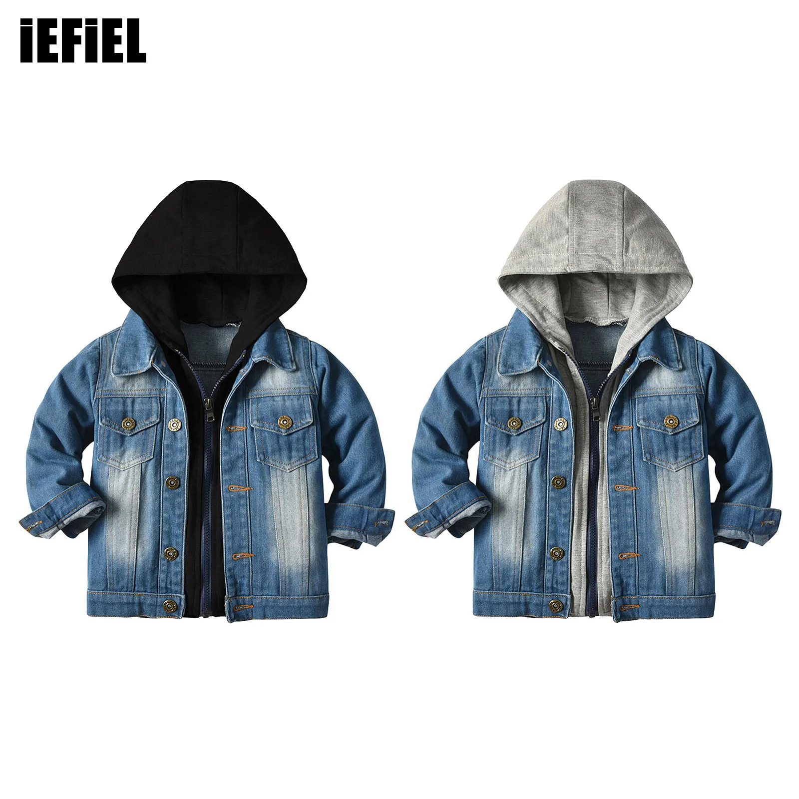 

Kids Boys Fake-Two Denim Hooded Coat Long Sleeve Zip-up Flap Chest Pockets Denim Jacket Top for Daily Wear