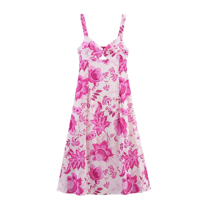 

YENKYE Women Summer Dresses 2025 New Fashionable Style Hollow Out Embroidery Print Sling Dress Elegant A-line Midi Vestidos