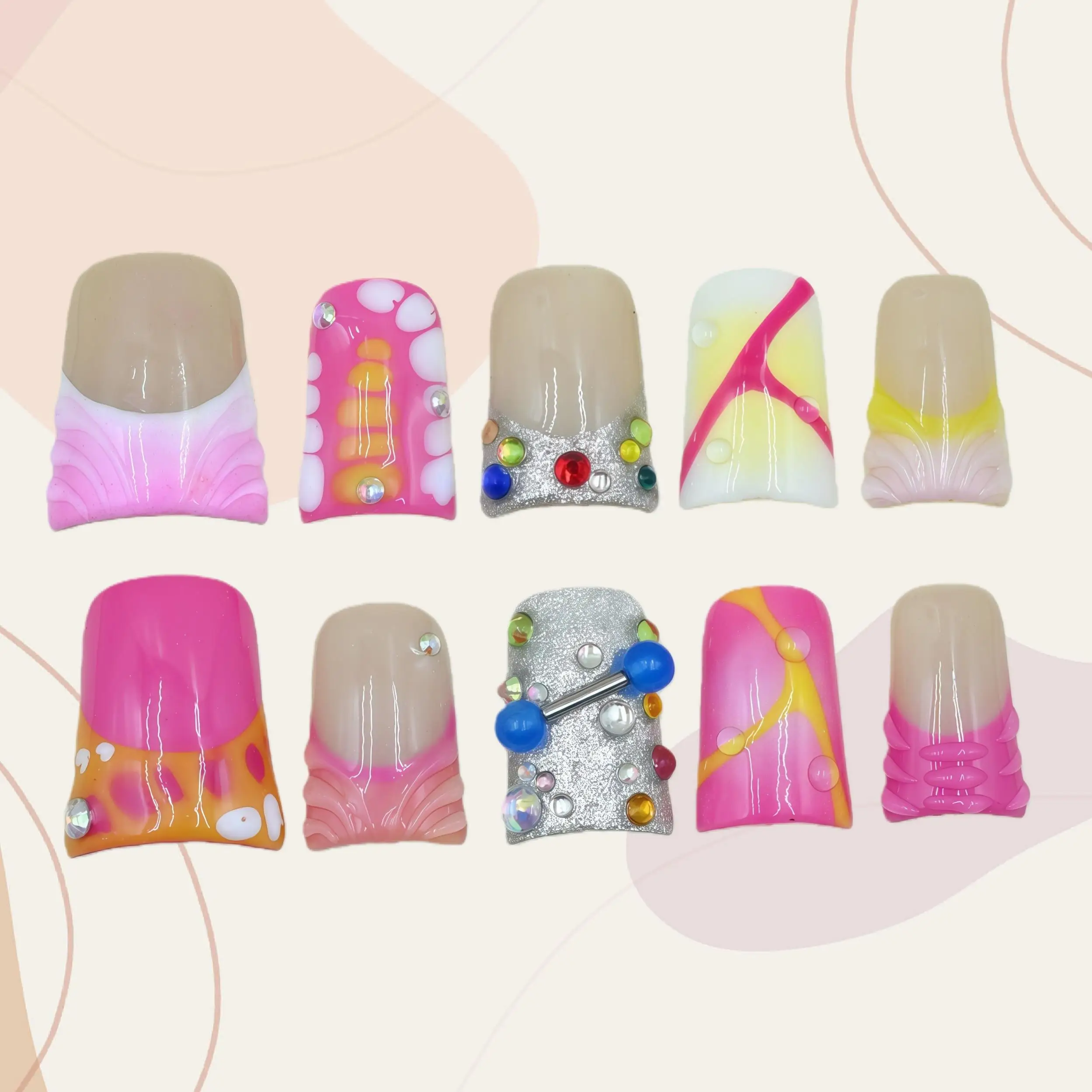 

Handmade Reusable Retro-Sweet Press-On Nails, Halloween Fall Nails, Neon & Color-Blocked Bases With Swirl Patterns