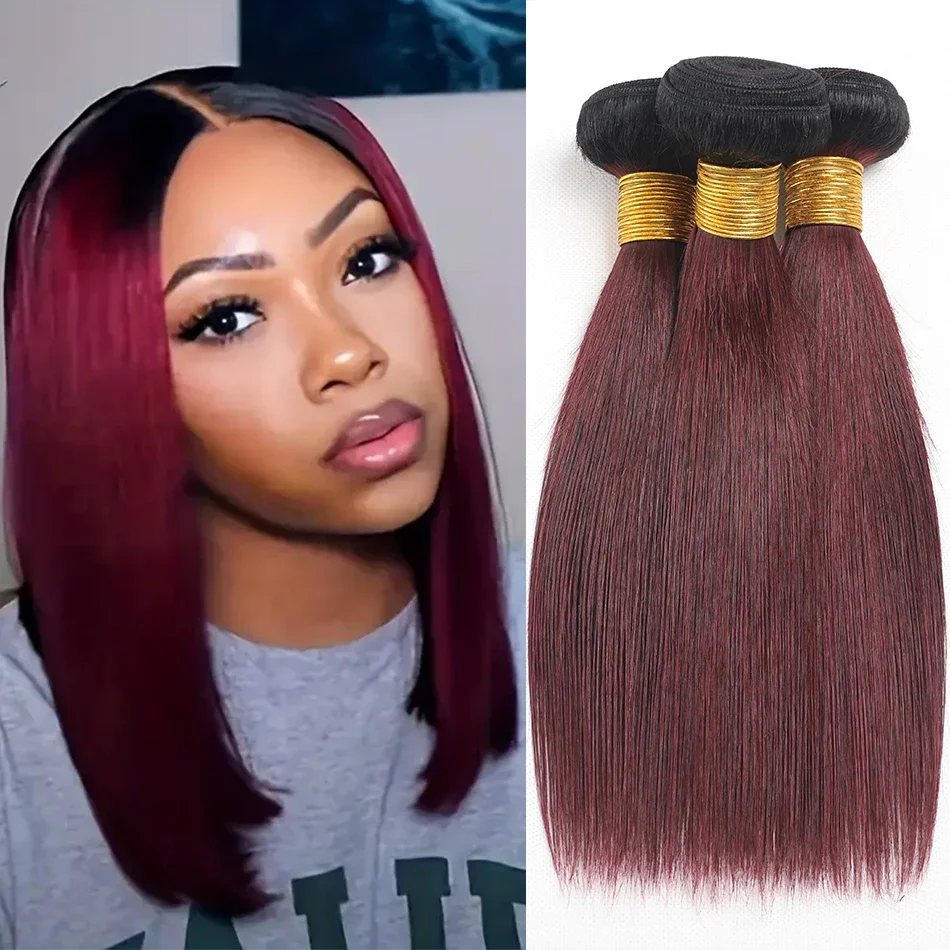 12A Ombre Brazilian Straight Hair 1B/99J Burgundy Red Human Hair Weave Bundles Deal Two Tone Remy Hair Colored Weft Extensions