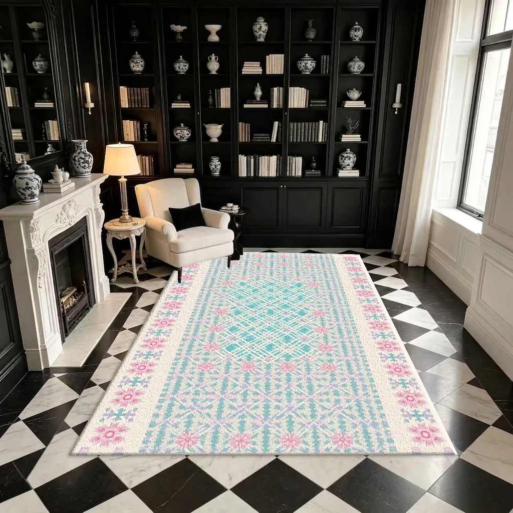 Pastel Boho Floral Plaid Rug Vintage Tribal Floral Cross Seamless Print Square Floor Carpet Suitable for Indoor Decoration