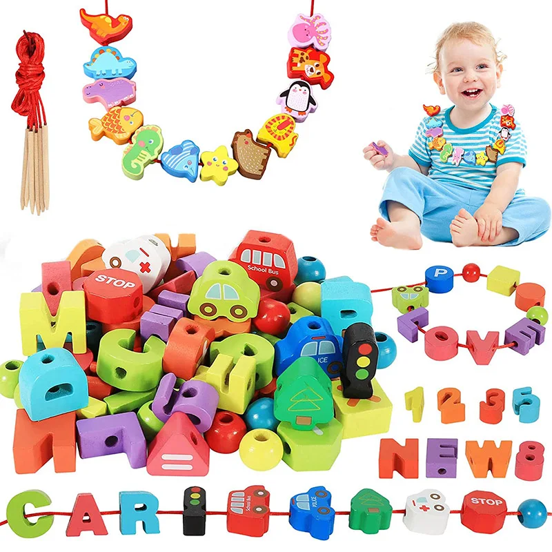 Montessori Educational Threading Toys Wooden Stringing Farm Animals Fruits Lacing Beads Preschool Toy for Toddlerd Boys Girls