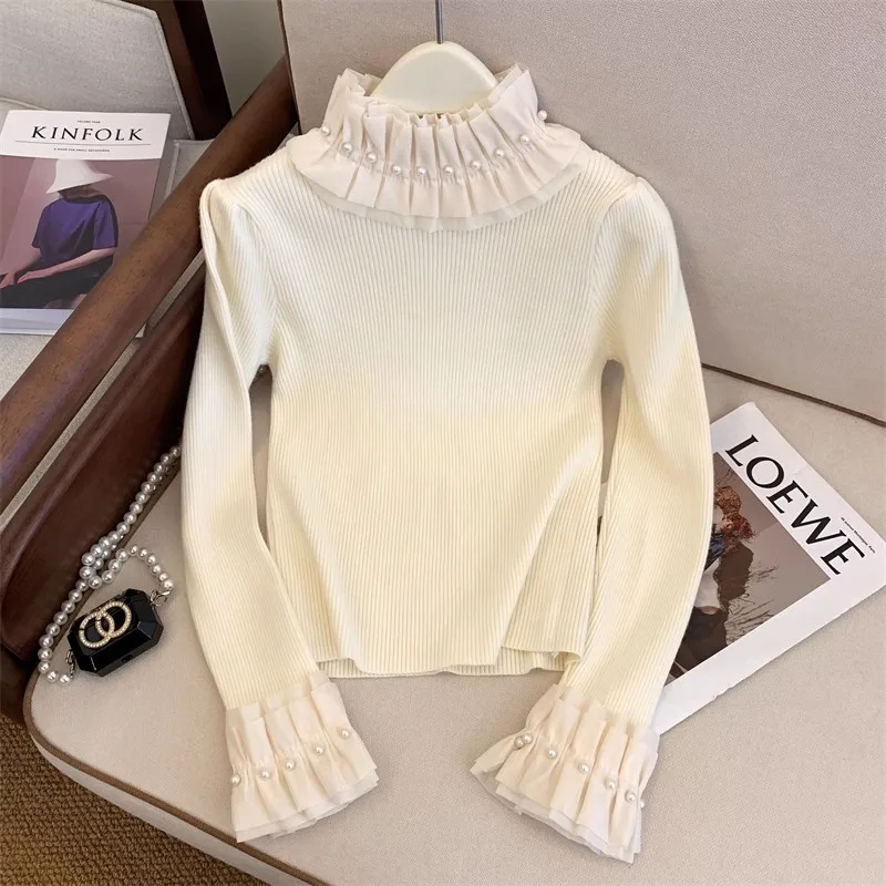 French Sweet Girl Autumn Winter Pearls Beaded Knitted Sweater Tops Fashion Women Ruffled Collar Flare Sleeve Knitwear Pullovers