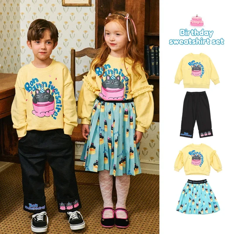 

BE Boys & Girls Birthday Set 2024 Spring Wear New Kids Cute Printed Sweatshirt Pants Pleated Skirt