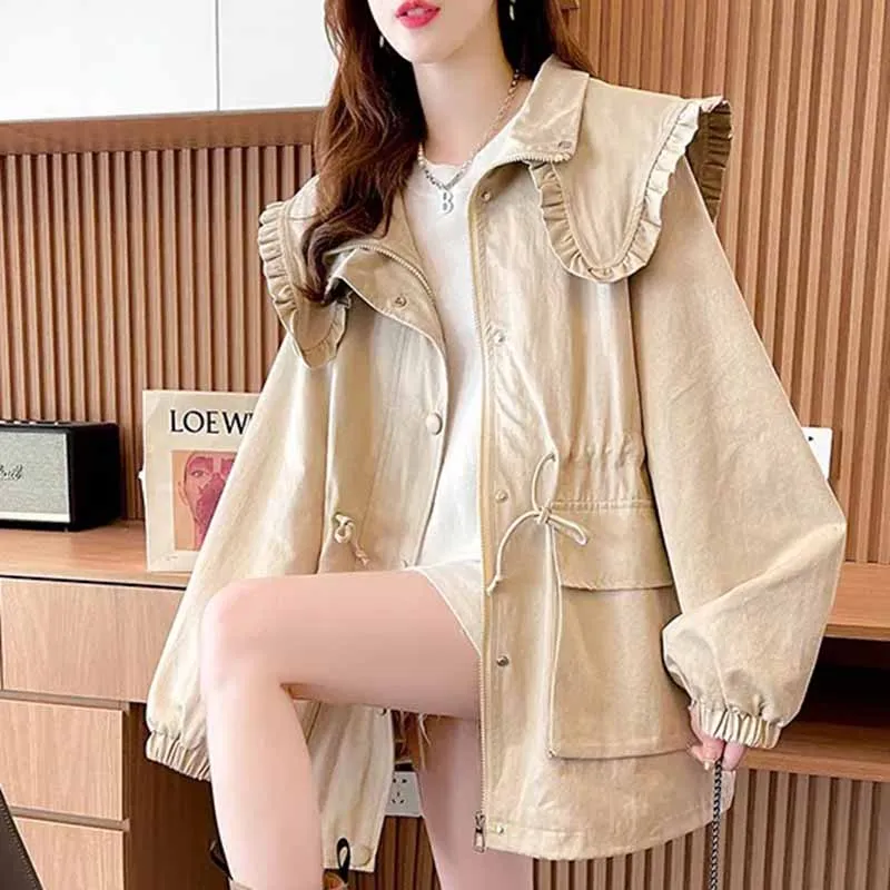 

Spring And Autumn Women Hong Kong Flavor Navy Collar Mid Length Cardigan Female Loose Fitting Advanced Sense Cardigan Tops Coat