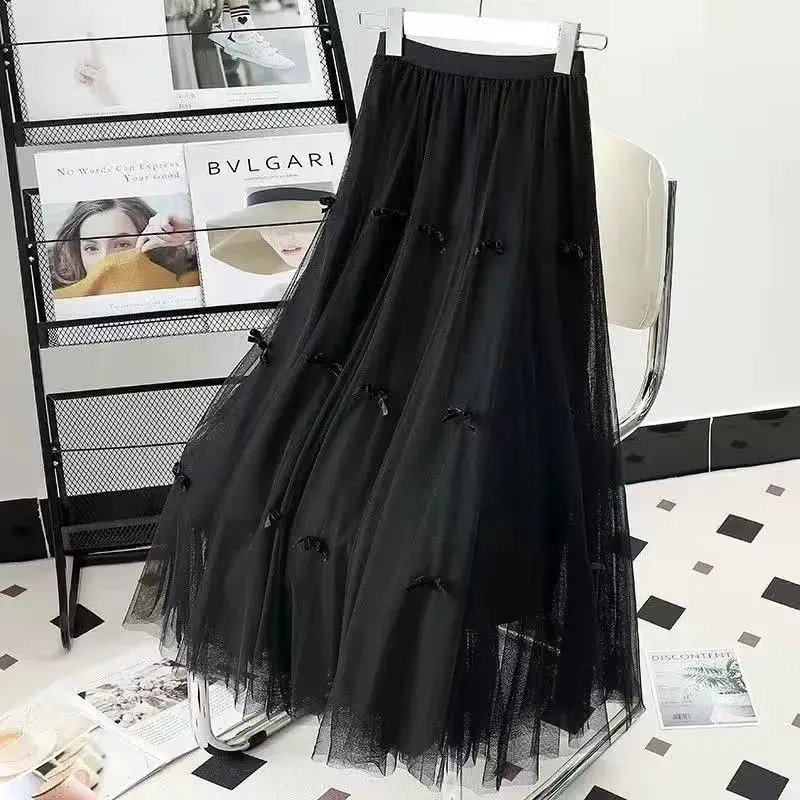 Mesh Skirts Women Mid Length Skirt Bow A Line Slim Fit Lace Casual Elastic Waist Elegant Splice Y2k Party Club 2025 Summer