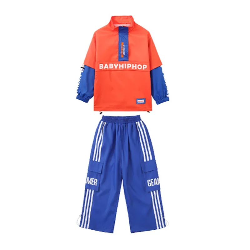 Vêtements Kpop Hip Hop pour enfants, haut court Orange, Streetwear Cargo Jogger, pantalon bleu pour filles et garçons, Costume de danse Jazz
