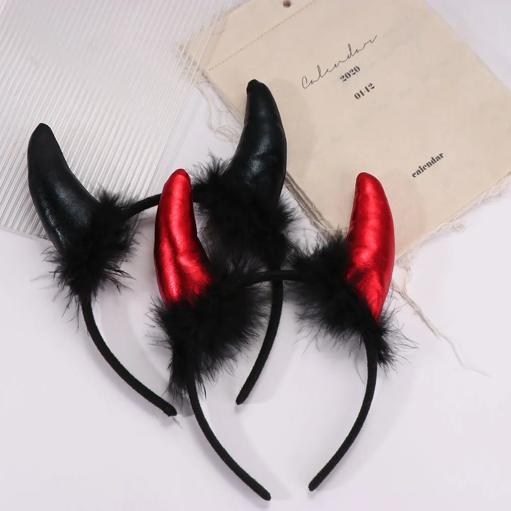 Puffy Black Feather Ox Horns Headband Cosplay Headpiece Halloween Hair Band Swallow Shaped Gothic Demon Hair Hoop Kids