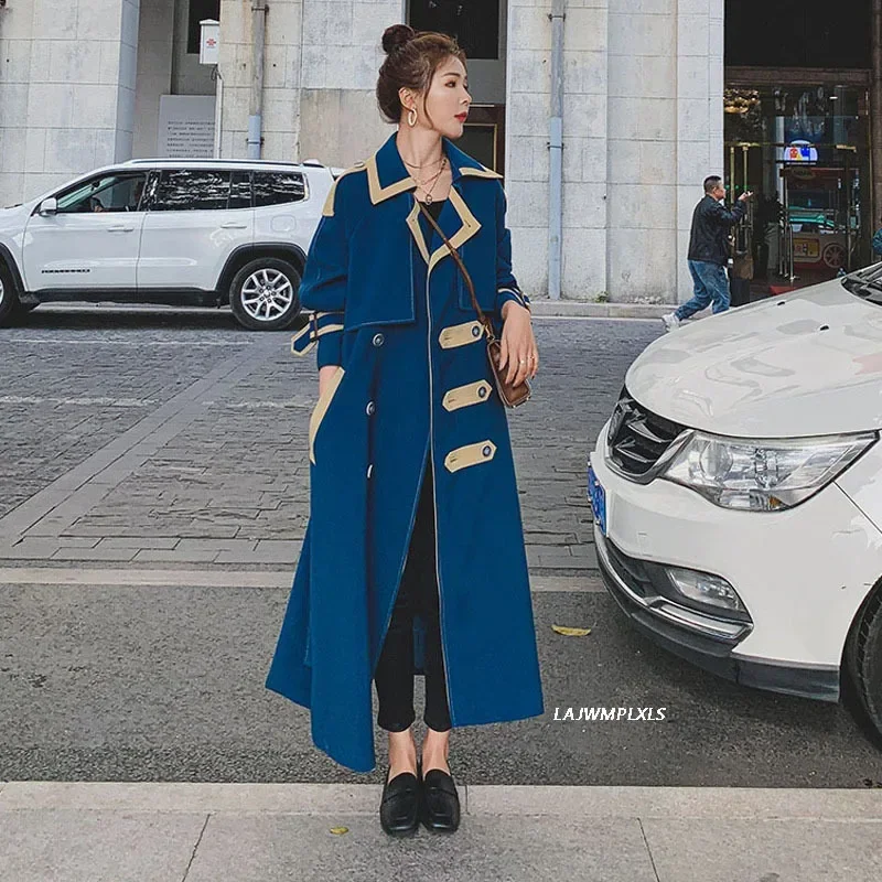 2024 New fall and winter Women's Windbreaker Korean Loose Double-Breasted Long-Sleeved Hit Colors Stitching Fashion trench coat