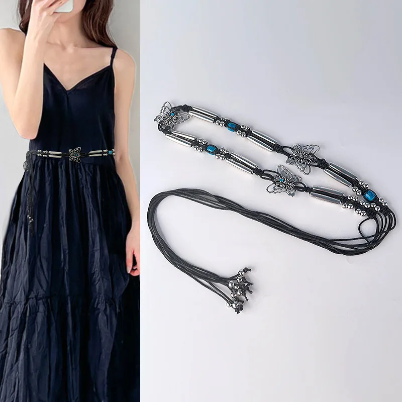 

Bohemian Style Butterfly Woven Belt Waist Decoration Ethnic Style Handmade Bead Women's Belt Casual Vacation Style Waist Rope
