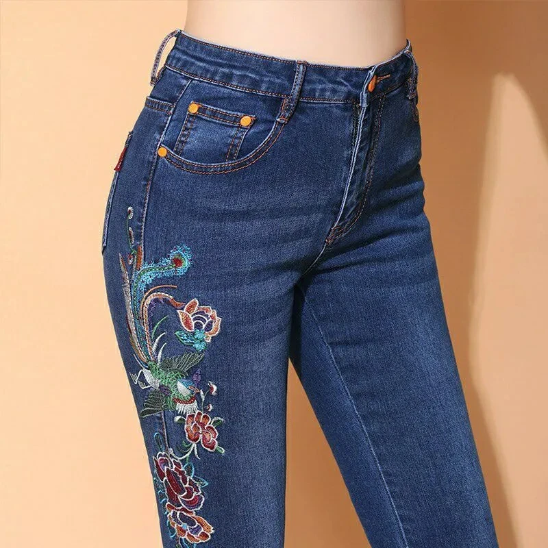 

2026 New Ethnic Style Flared Jeans Women Spring Slim Embroidered High Waisted Elastic Denim Pants Female Casual Trousers Wear