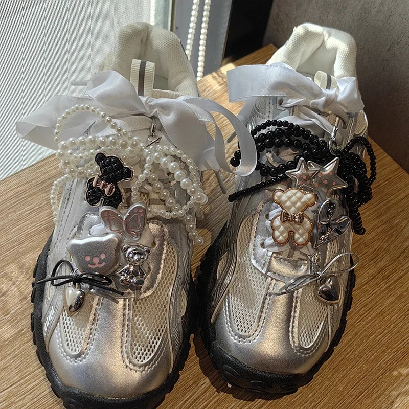 New Shoe Lace Charms for Sneakers Girl Pearl Bow Bear Shoe Decoration Y2K Sweet Premium Decorative Shoes Charm Laces Accessories