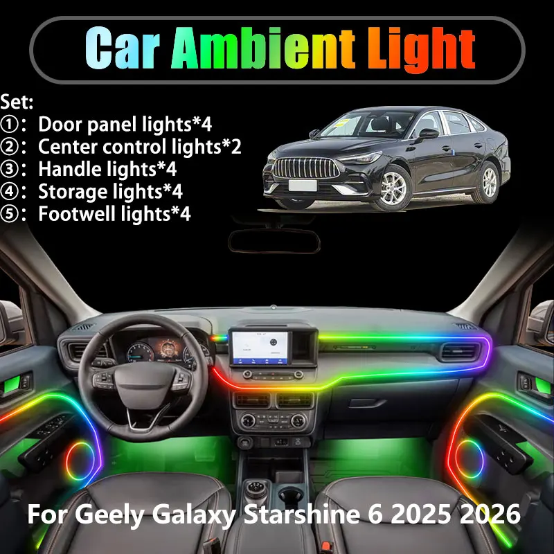 

For Geely Galaxy Starshine 6 2025 2026 2/18 in 1 Car ambient lighting Led trunk interior led lights USB RGB Ensemble Streamer
