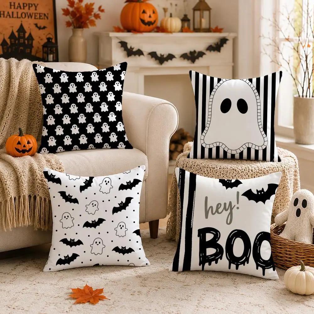 Black White Minimal Ghost Halloween Patterns Cushion Cover Skin-Soft Pillow Cover Festive Home Accent Great Gift for Sofa Bed