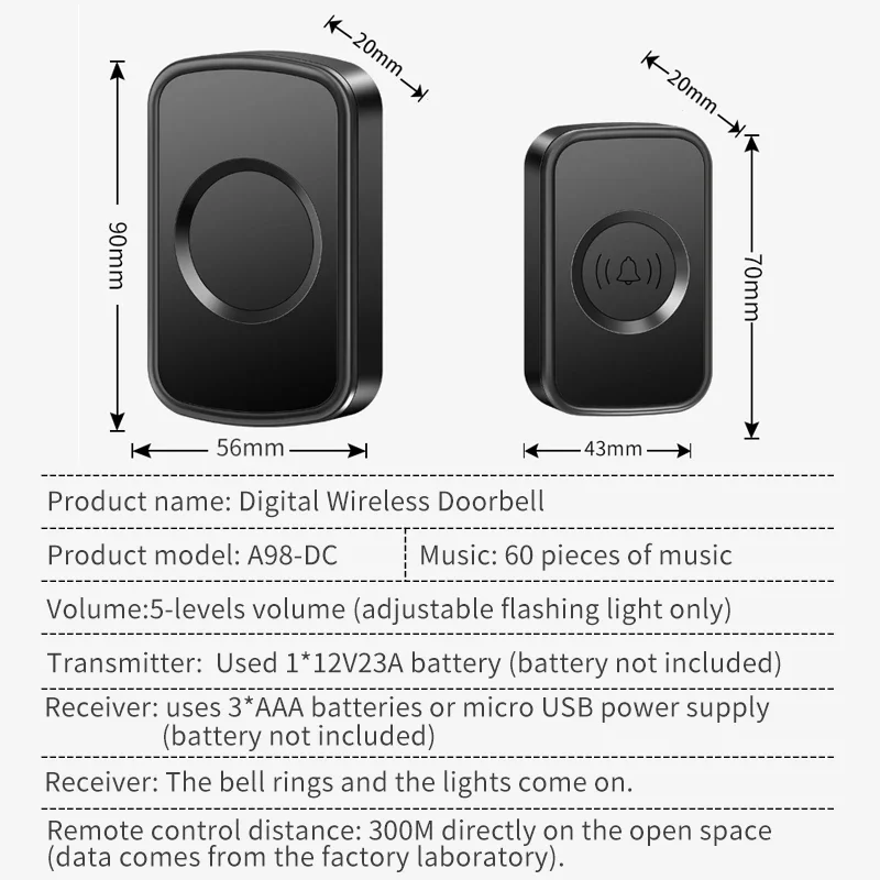 CACAZI Home DC Battery-Operated Wireless Waterproof Doorbell Intelligent 300 Meter Remote Control 60 Ringtones Outdoor Call Bell