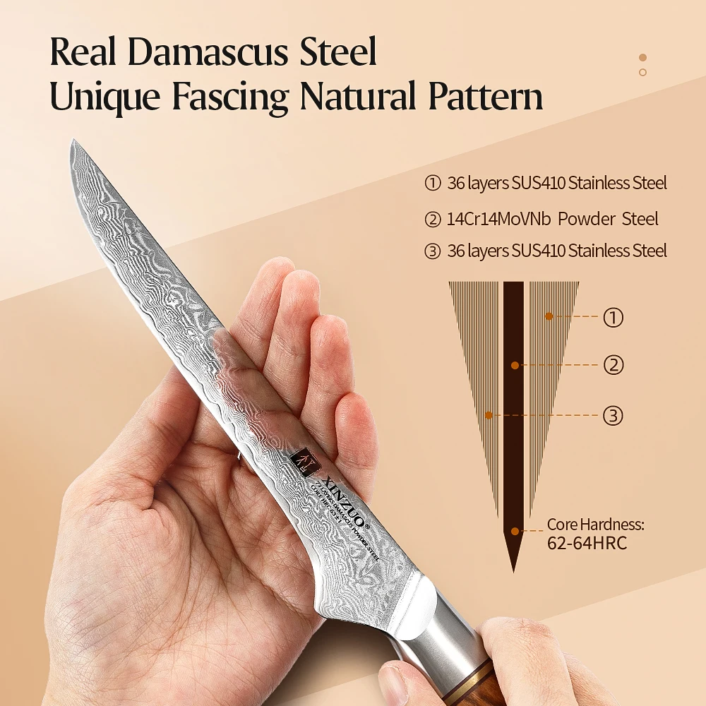 XINZUO 6 inch Boning Knife 73 Layers Custom Damascus Steel Curved Bone Stripping Knife Kitchen Knives High Quality Wood Handle