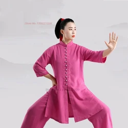 2024 chiński vintage tai chi martail art jednolite bawełniane lniane topy + spodnie zestaw kung fu tai ji trening ćwiczenia wydajność garnitur