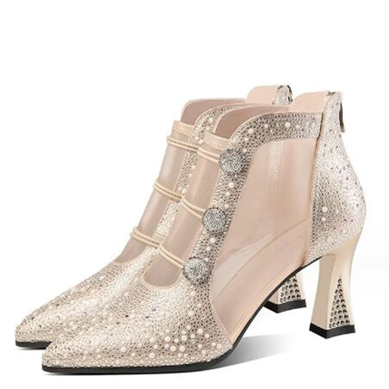 ZXRYXGS-Botas elegantes de malla de microfibra para mujer, Sandalias de tacón alto con diamantes de imitación puntiagudos, calzado de verano, 2024