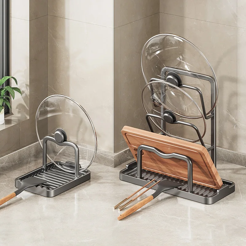 support-de-rangement-multifonctionnel-pour-couvercles-de-casseroles-et-spatules-pour-comptoir-de-cuisine-gain-de-place-en-alliage-d'aluminium-durable