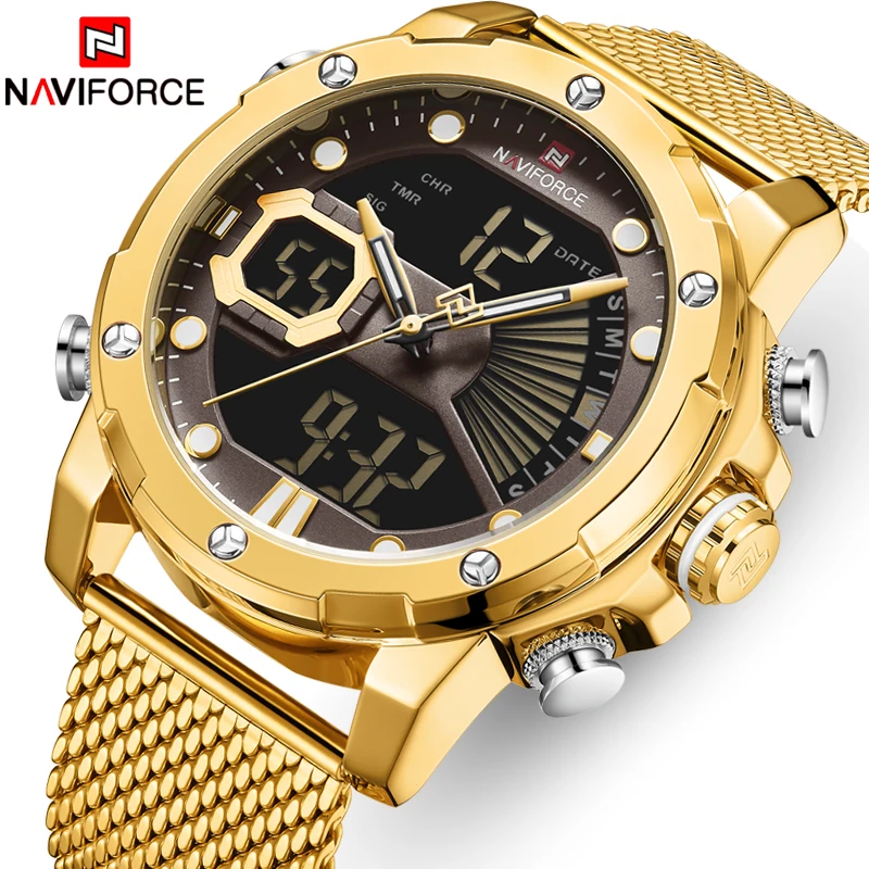 NAVIFORCE Original Watches For Men Luxury Brand Quartz Dual Display Military Sports Wrist Watch Mesh Steel Band Waterproof Clock